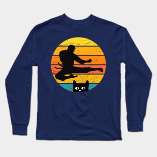 Retro Silhouette Karate Cat Design Long Sleeve T-Shirt